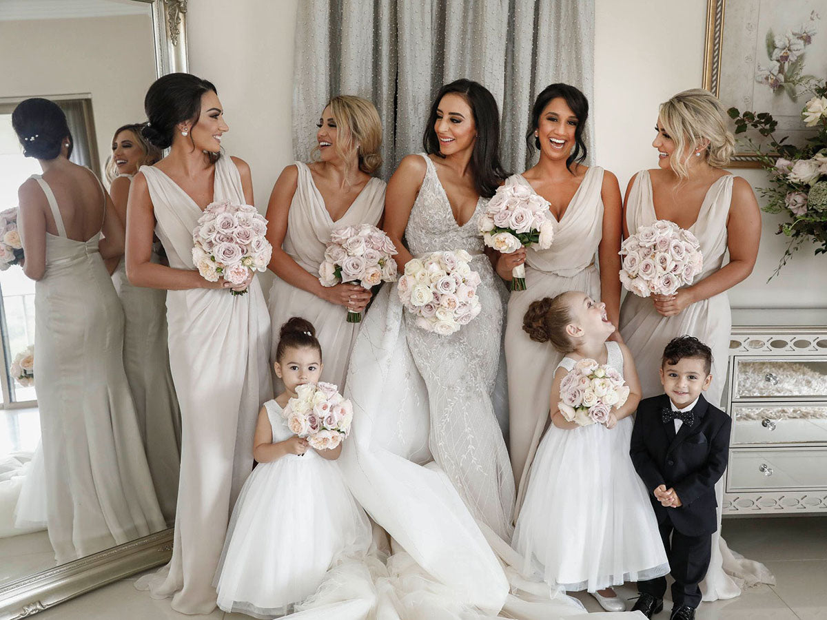 Full Length Luxe Chiffon Long Champagne bridesmaid dresses Newcastle with Sexy High Slit and Front Ruffles