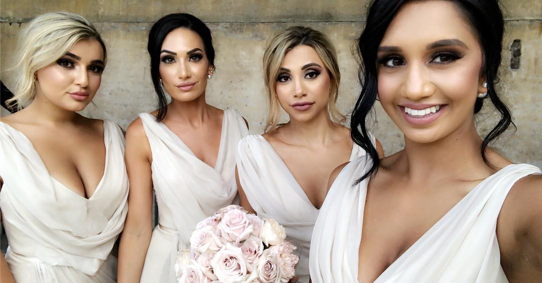Full Length Luxe Chiffon Long Champagne bridesmaid dresses Newcastle with Sexy High Slit and Front Ruffles