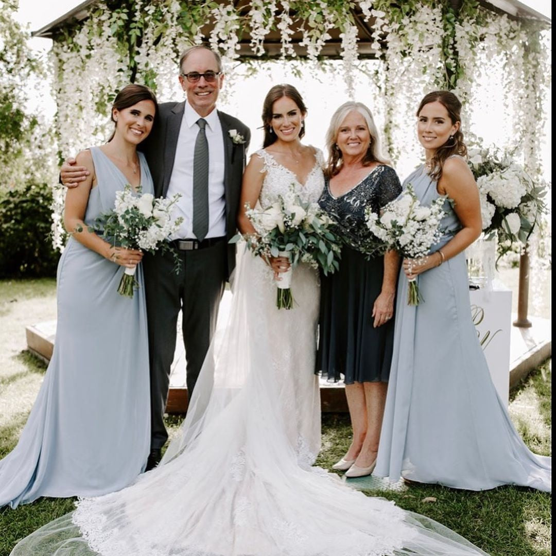 Dusty Blue Full Length Luxe Chiffon Long Champagne bridesmaid dresses Newcastle with Sexy High Slit and Front Ruffles
